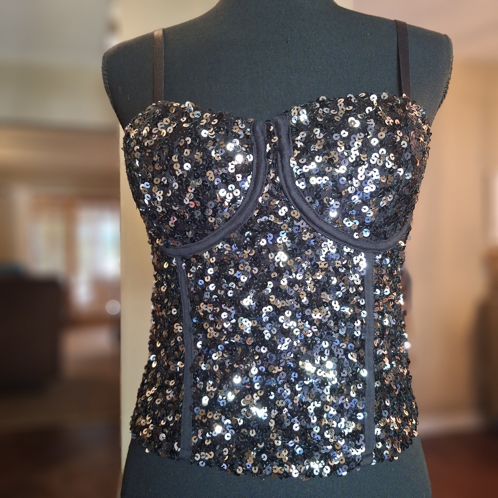 Black Silver Sequin Bustier Look Cami Top S